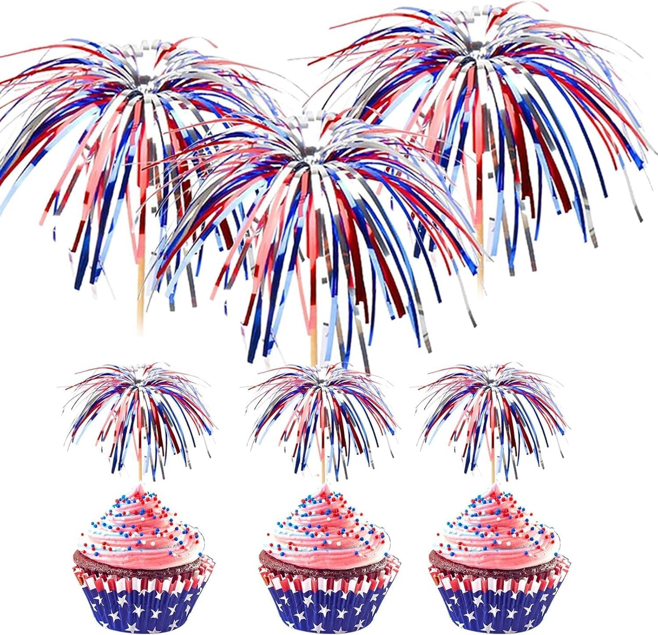 100PCS Firework Cocktail Picks, Red White Blue Firework Party Picks Ergonflow Bamboo Cocktail Sticks Toothpicks Food Picks for Appetizers Appetizer Skewers Drinks BBQ Dessert Cake Decoration 6in